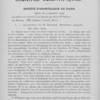 0733 - Page 728 - Sociétés scientifiques. Société d'odontologie de Paris. Séance du 9 novembre 1937. Allocution du Dr Delater
