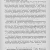 0102 - Page 99 - Revue analytique. Hans Wuhrmann (Lucerne). — Essais d’implantation. — (Zeitschrift für Stomatologie, 1937) / M. Thiébault. — Volumineux kyste paradentaire du maxillaire inférieur chez Un enfant de neuf ans. — (Annales d’Oto-Laryngologie, mars 1938) / A. -c. Seimbille. — Quelques considérations sur la technique opératoire des kystes radiculaires et dentifères des mâchoires. — (Revue Odontologique avril 1938)