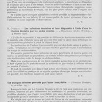 0103 - Page 100 - Revue analytique. A. -c. Seimbille. — Quelques considérations sur la technique opératoire des kystes radiculaires et dentifères des mâchoires. — (Revue Odontologique avril 1938) / K. Gutzeit. — Les infections dentaires et leur diagnostic à l’aide d’une irritation dentaire par les ondes courtes. — (Munchener Mediz. Wochens. , 4 février 1938) / Sur quelques déboires procurés par L’acier inoxydable. — (Semaine Dentaire, 24 octobre 1937)
