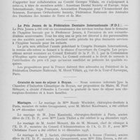 0129 - Page 124 - Nouvelles. Hommage à Georges Villain (Comité Georges Vilain, 45, rue de la Tour d'Auvergne, Paris (9e) / Nouveau membres du Comité / Le Prix Jessen de la Fédération Dentaire Internationale (F. D) / Gratuité de taxe de séjour à Royan / Mariages