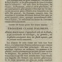 0045 - Page 45 - Troisième classe d'alimens. Alimens dont la nature s'approche de celle de la fécule, et qui contiennent les mucilages, les gommes, ou la gélatine amalgamés dans une fluide aqueux, qui les présente moins concentrés