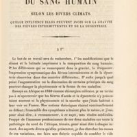 0005 - Page 5 - Des différences de composition du sang humain selon les divers climats. Quelle influence elles peuvent avoir sur la gravité des fièvres intermittentes et de la dysenterie §. Ier