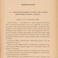 0075 - Page 73 - Observations. 1 - Cancer de l'estomac et cancer des ovaires sans lésions d'autres viscères