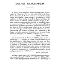 0277 - Page 261 - Analyses bibliographiques. H. Stein, Pierre Lombard, médecin de Saint-Louis, Bibliothèque de l'Ecole des Chartres, Janv.-Juin 1939, p. 62-72. [Marcel Fosseyeux.]. / Histoire littéraire de la France, t. XXXVII, suite du XIVe s. Paris, 1938. [Marcel Fosseyeux.]. / Achard, Adolphe Wurz, 1817-1884, Eloge prononcé à l'Acad. de médecine, Progrès médical, n° 51, 17 déc. 1938, p. 1705-1708