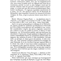 0125 - Page 107 - Comptes rendus bibliographiques. Paul André. - La peste à Marseille en 1720. Presse médicale, n° 5. 6 janvier 1940, p. 64. / Mozet (Docteur Eugène-Paul). - Les Epidémies dans la Thierache et les régions circonvoisines de 1779 à 1782. Thèse de Paris 1939 n° 383. 1 vol. in-8°, 94 p., Hello, Paris 1939. / Crabouillet (Docteur Yves-Georges). - Rabelais et l'Enseignement de la Botanique, Thèse, Paris 1939, n° 407, 56 p. in-8°. A. Legrand, Paris 1939