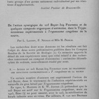 0079 - Page 65 - Séance du 13 janvier 1932. Mémoires. Contribution à l'étude du pneumocoque en Afrique Equatoriale Française, par M. Vaucel et G. Salaün. (Institut Pasteur de Brazzaville.). / De l'action synergique du 205 Bayer-309 Fourneau et de quelques composés organiques d'antimoine, dans la Trypanosomiase expérimentale à Trypanosoma congolense de la souris, par L. Launoy, P. Nicolle et Mlle M. Prieur
