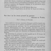 0099 - Page 85 - Séance du 13 janvier 1932. Mémoires. Le parasitisme intestinal dans la région de Toulon, par R. Pirot. (Travail du laboratoire de la IIIe région maritime. Ecole d'application du Service de santé de la marine.). / Sur deux cas de cancer primitif du poumon observés au Tonkin, par J. Bablet et Sollier
