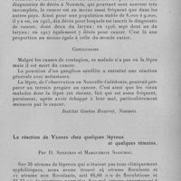 0141 - Page 127 - Séance du 10 février 1932. Communications. Observation d'un sujet réfractaire à la lèpre, mort de cancer. Par J. Tisseuil. (Institut Gaston Bourret, Nouméa.). / La réaction de Vernes chez quelques lépreux et quelques témoins, par D. Sanjurjo et Marguerite Sanjurjo