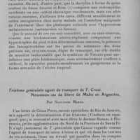 0161 - Page 145 - Séance du 10 février 1932. Communications. Fusospirochétose et Leishmaniose cutanées, par G. Delamare et C. Gatti. / Triatoma geniculata agent de transport de T. Cruzi. Nouveaux cas de fièvre de Malte en Argentine, par Salvador Mazza