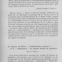 0330 - Page 314 - Séance du 13 avril 1932. Communications. Essai d'application de la réaction de Henry à l'étude épidémiologique du paludisme, par F. Trensz. (Institut Pasteur d'Algérie.). / La réaction de Henry (« sérofloculation palustre ») et la « surfloculance » de certains sérums de paludéens, par F. Trensz