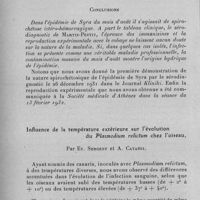 0434 - Page 416 - Séance du 11 mai 1932. Communications. A propos d'une épidémie de spirochétose ictérohémorragique à l'ile de Syra. Origine hydrique de l'épidémie. Présence des spirochètes chez les rats d'égout, en Grèce, par M. Petzetakis. / Influence de la température extérieure sur l'évolution du Plasmodium relictum chez l'oiseau, par Et. Sergent et A. Catanei