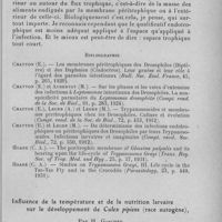 0597 - Page 577 - Séance du 8 juin 1932. Communications. A propos du rôle de la membrane péritrophique des glossines dans l'évolution du trypanosome du crocodile, T. Grayi (= T. Kochi), par Edouard Chatton. / Influence de la température et de la nutrition larvaire sur le développement de Culex pipiens (race autogène), par H. Gaschen