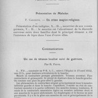 0844 - Page 818 - Société de l'Ouest-Africain. Séance du 29 mai 1932. Présentation de malades. F. Cazanove. - Un crime magico-religieux. / Communications. Un cas de tétanos localisé suivi de guérison, par R. Feyte