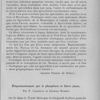 0879 - Page 853 - Société de l'Ouest-Africain. Séance du 26 juin 1932. Communications. Identité, à Dakar, de Spirochaeta duttoni var. crocidurae et du spirochète infectant dans la nature Ornithodorus erraticus, par C. Mathis et C. Durieux. (Institut Pasteur de Dakar.). / Empoisonnement par le phosphore et fièvre jaune, par F. Cazanove et Léopold Robert