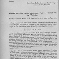0904 - Page 878 - Séance du 12 octobre 1932. Communications. Note préliminaire sur l'action plasmodicide de l'atébrine, par Froilano de Mello et Antonio de Azevedo. (Nova-Goa, laboratoire de bactériologie de l'École de médecine.). / Résumé des observations concernant l'action plasmodicide de l'Atébrine, par Froilano de Mello, L.-J. Bras de Sa et Antonio de Azevedo