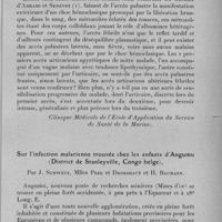 0911 - Page 885 - Séance du 12 octobre 1932. Communications. Un cas d'urticaire palustre, par L. Plazy et A. Germain. (Clinique médicale de l'Ecole d'application du Service de santé de la marine.). / Sur l'infection malarienne trouvée chez les enfants d'Angumu (District de Stanleyville, Congo Belge), par J. Schwetz, Mlles Peel et Droeshaut et H. Baumann