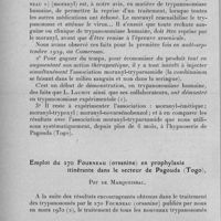 0928 - Page 902 - Séance du 12 octobre 1932. Communications. Propriétés du 205 bayer-309 fourneau (moranyl) dans la thérapeutique curative de la trypanosomiase humaine, par de Marqueissac. / Emploi du 270 fourneau (orsanine) en prophylaxie itinérante dans le secteur de Pagouda (Togo), par de Marqueissac