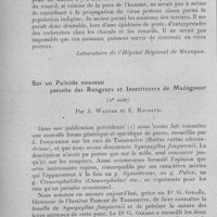 0988 - Page 962 - Séance du 9 novembre 1932. Communications. Au sujet de la présence chez deux carnassiers du Maroc d'une variété de la puce de l'homme, pulex irritans Linné variété fulvus loff 1929, par P. Delanoë. (Laboratoire de l'Hôpital régional de Mazagan.). / Sur un pulicide nouveau parasite des rongeurs et insectivores de Madagascar (2e note), par J. Wagner et E. Roubaud