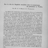 0101 - Page 83 - Séance du mercredi 11 janvier 1933. Mémoires. Piroplasmoses nord-africaines et chimiothérapie, par H. Velu, G. Zottner et P. Ipousteguy. Theilériose. / Sur le rôle de Anopheles maculatus dans la transmission du paludisme au Tonkin, par H. G. S. Morin et C. Toumanoff