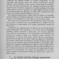 0154 - Page 130 - Célébration du 25e anniversaire de la Société de Pathologie Exotique. Séances des 8 et 9 février 1933. Séance de travail du 8 février. Etiologie et traitement des infections intestinales des pays chauds. Sur la pathogénie et sur le traitement des infections dites intestinales, (rapport introductif), par le prof. G. Sanarelli... 6. - L'infection cholérique chez les animaux de laboratoire. L'entérotropisme des vibrions. / 7. - La soi-disant péritonite cholérique expérimentale chez les cobayes, n'est qu'une entérite vibrionienne