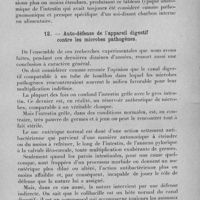 0165 - Page 141 - Célébration du 25e anniversaire de la Société de Pathologie Exotique. Séances des 8 et 9 février 1933. Séance de travail du 8 février. Etiologie et traitement des infections intestinales des pays chauds. Sur la pathogénie et sur le traitement des infections dites intestinales, (rapport introductif), par le prof. G. Sanarelli... 11. - Toutes les maladies microbiennes dites intestinales, y compris le charbon dit interne ou alimentaire, relèvent du même mécanisme pathogénique. / 12. - Auto-défense de l'appareil digestif contre les microbes pathogènes
