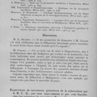 0195 - Page 171 - Célébration du 25e anniversaire de la Société de Pathologie Exotique. Séances des 8 et 9 février 1933. Séance de travail du 8 février. Etiologie et traitement des infections intestinales des pays chauds. Etiologie des maladies dysentériques à Madagascar, par G. Girard. / Expériences de vaccination préventive de la tuberculose par le B. C. G., par voie sous-cutanée et par voie buccale, chez les indigènes de tous âges à Brazzaville, par M. Vaucel et G. Saleun