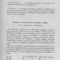 0216 - Page 192 - Célébration du 25e anniversaire de la Société de Pathologie Exotique. Séances des 8 et 9 février 1933. Séance de travail du 8 février. Etiologie et traitement des infections intestinales des pays chauds. Adénopathies iliaques dans l'amibiase, (Etude clinique), par R. Montel. / Amibiase et parasitisme intestinaux à Brest, par J. Quérangal des Essarts