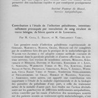 0324 - Page 300 - Célébration du 25e anniversaire de la Société de Pathologie Exotique. Séances des 8 et 9 février 1933. Séance de travail du jeudi 9 février (matin). Au sujet de l'indice maxillaire des anophèles de l'Indochine Septentrionale, (essai d'analyse statistique), par H. Morin. (Institut Pasteur de Hanoï, Service antipaludique.). / Contribution à l'étude de l'infection paludéenne, intentionnellement provoquée par inoculation de sang virulent de tierce bénigne, de fièvre quarte et de Laverania, par M. Ciuca, L. Ballif, et M. Chelarescu Vieru