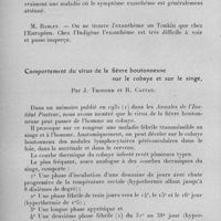0370 - Page 346 - Célébration du 25e anniversaire de la Société de Pathologie Exotique. Séances des 8 et 9 février 1933. Séance de travail du jeudi 9 février (après-midi). Fièvres exanthématiques et maladies exotiques à éruptions cutanées. Résultats des recherches poursuivies sur les fièvres exanthématiques en Indochine depuis 1908, par J. Bablet. / Comportement du virus de la fièvre boutonneuse sur le cobaye et sur le singe, par J. Troisier et R. Cattan