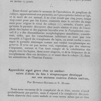 0435 - Page 405 - Séance du mercredi 8 mars 1933. Présence d'un toxoplasme dans l'encéphale du Cynocephalus babuin, par C. Levaditi et Mlle R. Schoen. / Appendicite aiguë grave chez un amibien suivie d'abcès du foie à streptocoques développé sur une ancienne cicatrice d'abcès amibien, par Botreau-Roussel et P. Huard