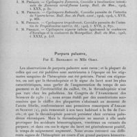 0450 - Page 420 - Séance du mercredi 8 mars 1933. Coccidiose intestinale à Cyclospora viperae chez la couleuvre vipérine, la couleuvre lisse et la couleuvre à échelons, par Mme Phisalix. / Purpura palustre, par E. Benhamou et Mlle Odry