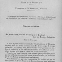 0538 - Page 507 - Société médico-chirurgicale de l'Ouest-Africain. Séance du 29 janvier 1933. Communications. Au sujet d'une poussée épidémique de béribéri dans les troupes indigènes, par G. Nicolle