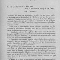0547 - Page 516 - Société médico-chirurgicale de l'Ouest-Africain. Séance du 29 janvier 1933. Communications. Une épidémie de béribéri à forme humide observée à Dakar en 1932, par Léopold Robert, Long, Feyte et Dareys. (Hôpital principal de Dakar.). / Y a-t-il une épidémie de béribéri dans la population indigène de Dakar, par L. Lambert