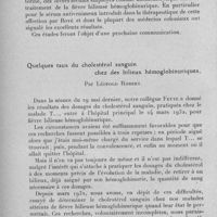 0553 - Page 522 - Société médico-chirurgicale de l'Ouest-Africain. Séance du 26 février 1933. Communications. L'hypocholestérinémie dans la fièvre bilieuse hémoglobinurique, par V. Dufour. / Quelques taux du cholestérol sanguin chez des bilieux hémoglobinuriques, par Léopold Robert
