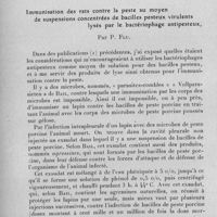 0845 - Page 796 - Séance du mercredi 14 juin 1933. Mémoires. Immunisation des rats contre la peste au moyen de suspensions concentrées de bacilles pesteux virulents lysés par le bactériophage antipesteux, par P. Flu