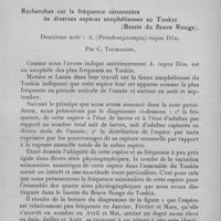 0912 - Page 863 - Séance du mercredi 14 juin 1933. Mémoires. Recherches sur la fréquence saisonnière de diverses espèces anophéliennes au Tonkin, bassin du fleuve Rouge, première note : A. (Myz.) minimus Théo. et A. (Myz.) aconitus Dön. Par C. Toumanoff. / Recherches sur la fréquence saisonnière de diverses espèces anophéliennes au Tonkin (Bassin du fleuve Rouge), deuxième note : A. (Pseudomyzomyia) vagus Dön. Par C. Toumanoff