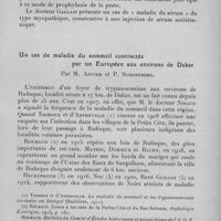 0918 - Page 869 - Société médico-chirurgicale de l'Ouest-Africain. Séance du 30 avril 1932. Comptes-rendus mensuels. / Un cas de maladie du sommeil contractée par un Européen aux environs de Dakar, par M. Advier et P. Schennberg