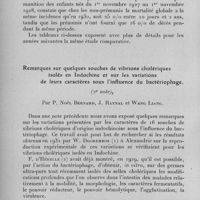 0947 - Page 896 - Séance du mercredi 12 juillet 1933. Communications. La prémunition antituberculeuse par le B. C. G. à Dakar, par M. Blanchard. / Remarques sur quelques souches de vibrions cholériques isolés en Indochine et sur les variations de leurs caractères sous l'influence du bactériophage, (2e note), par P. Noël Bernard, J. Raynal et Wang Liang