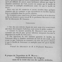0956 - Page 905 - Séance du mercredi 12 juillet 1933. Communications. Etude sur la lèpre oculaire murine, par R. Guilliny et E. Montastruc. (Travail du laboratoire de M. le Professeur Marchoux.). / A propos de l'hypothèse de R. Montel : l'hypocholestérinémie des indigènes cause de la rareté chez eux des syphilis cérébrales, par Marcel Leger