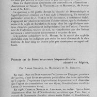 0957 - Page 906 - Séance du mercredi 12 juillet 1933. Communications. A propos de l'hypothèse de R. Montel : l'hypocholestérinémie des indigènes cause de la rareté chez eux des syphilis cérébrales, par Marcel Leger. / Premier cas de fièvre récurrente hispano-africaine observé en Algérie, par André Sergent, A. Manceaux et R. Balliste