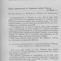 0977 - Page 922 - Séance du mercredi 12 juillet 1933. Communications. Prémunition des zébus malgaches vis-à-vis des piroplasmoses et splénectomie chez un veau zébu, par M. Buck. / Etude expérimentale de Anaplasma centrale Theiler, du boeuf, par Edm. Sergent, A. Donatien, L. Parrot et F. Lestoquard