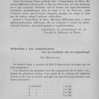 0984 - Page 929 - Séance du mercredi 12 juillet 1933. Communications. A propos de Bartonella bacilliformis et Eperythrozoon noguchii. Unicité ou dualité de la verruga et de la fièvre de Oroya, par H. Galliard. (Laboratoire de parasitologie de la Faculté de médecine de Paris.). / Addendum à une communication sur les accidents dus au tryponarsyl, par Barlowatz