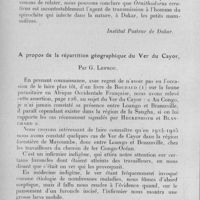 1161 - Page 1098 - Société médico-chirurgicale de l'Ouest-Africain. Séance du 9 juillet 1933. Transmission naturelle et expérimentale à l'homme du spirochète infectant dans la nature, à Dakar, la tique Ornithodorus erraticus vel marocanus, (note préliminaire), par C. Mathis, C. Durieux et M. Advier. (Institut Pasteur de Dakar.). / A propos de la répartition géographique du ver du Cayor, par G. Lefrou
