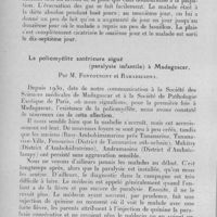 1181 - Page 1118 - Société des sciences médicales de Madagascar. Séance du 6 juin 1933. Communications. Note à propos d'un cas de remarquable tolérance du péritoine à l'infection, observée chez un Indigène, par M. Weisberger. / La poliomyélite antérieure aiguë (paralysie infantile) à Madagascar, par M. Fontoynont et Raharijaona