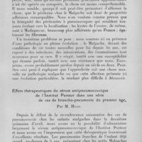 1184 - Page 1121 - Société des sciences médicales de Madagascar. Séance du 4 juillet 1933. Communications. A propos de l'appendicite chez le Malgache, par M. Davioud. / Effets thérapeutiques du sérum antipneumococcique de l'Institut Pasteur dans une série de cas de broncho-pneumonie du premier âge, par M. Huot