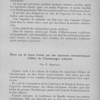 1220 - Page 1235 - Séance du 13 décembre 1933. Communications. Essais de traitement de la lèpre et de la tuberculose par des injections intraveineuses d'huile de chaulmoogra (2e note), par Z. André et V. Labernadie. / Deux cas de lèpre traités par des injections intradermiques d'éther de chaulmoogra créosoté, par P. Bernard