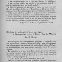 1237 - Page 1252 - Séance du 13 décembre 1933. Communications. La réaction de Henry et le diagnostic du paludisme, par V. Chorine et Mlle M. Rodieux. (Laboratoire de M. le Professeur Marchoux.). / Résultats des recherches d'index spléniques et hématologiques dans la haute vallée du Mékong. Par H. Monier