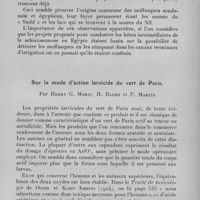 1252 - Page 1267 - Séance du 13 décembre 1933. Communications. Rôle du réservoir d'Assouan dans la dissémination des Bullinus en Egypte, par M. Helmy. / Sur le mode d'action larvicide du vert de Paris, par Henry G. Morin, H. Bader et P. Martin