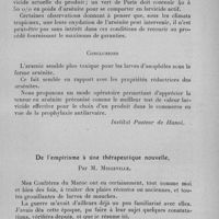 1258 - Page 1273 - Séance du 13 décembre 1933. Communications. Sur le mode d'action larvicide du vert de Paris, par Henry G. Morin, H. Bader et P. Martin. (Institut Pasteur de Hanoï.). / De l'empirisme à une thérapeutique nouvelle, par M. Miegeville