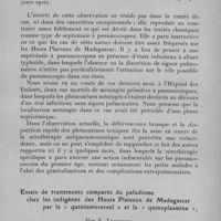 1302 - Page 1317 - Société des sciences médicales de Madagascar. Séance du 7 novembre 1933. Note sur un cas de septicémie à pneumocoques, par M. Huot. / Essais de traitements comparés du paludisme chez les indigènes des Hauts Plateaux de Madagascar par le « quiniostovarsol » et la « quinoplasmine », par F. Legendre